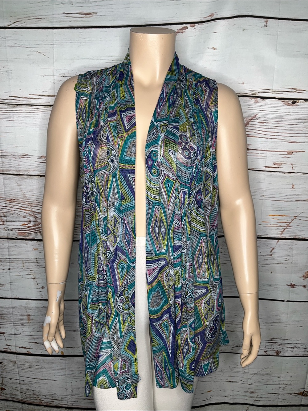 Susan Graver Size 1X Geometric Print Sleeveless Open Front Vest Cardigan